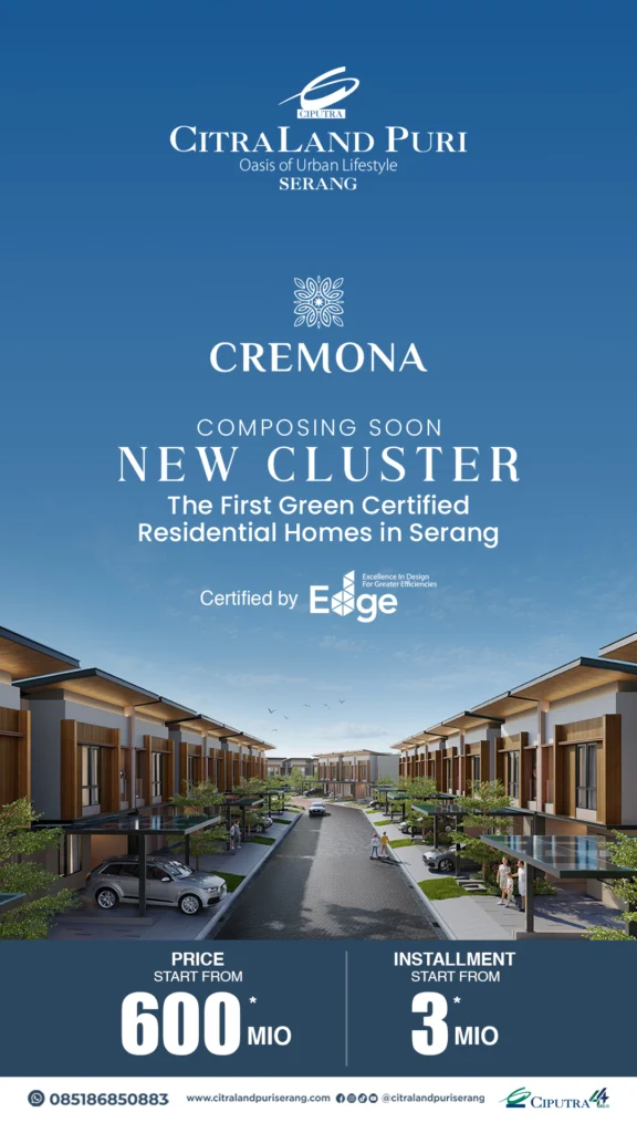 Pemandangan udara CitraLand Puri Serang menonjolkan lingkungan asri, fasilitas modern Family Club, dan perumahan klaster premium dengan latar belakang langit biru.